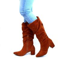 Botas Femininas Cano Enrugado Lirom Cano Alto Salto 6 Confortável Camurçada Caramelo