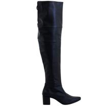 Botas Femininas Couro Over The Knee Salto Bloco Bico Fino Tendência