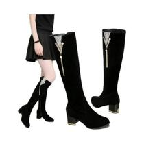 Botas Femininas De Cano Longo Com Zíperes Laterais E Salto Grosso Para Outono Inverno