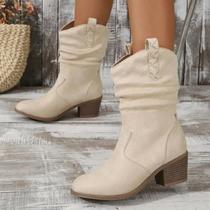 Botas Femininas de Couro - Cano Médio, Bico Redondo, Primavera/Outono