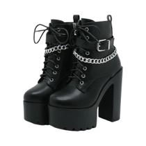 Botas Femininas de Salto Bloco com Corrente e Zíper - Detalhes em Renda e Plataforma