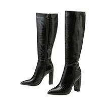 Botas Femininas De Salto Grosso Pontudo Até O Joelho Em Couro Envernizado Com Estampa De Crocodilo E Botas Femininas De Salto Grosso Pontudo Até O Joelho Em Couro Envernizado Com Estampa De Crocodilo E