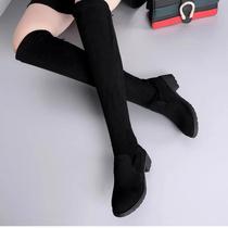 Botas Femininas Pretas Acima Do Joelho Com Salto Grosso, Cadarço, Camurça Quente Para O Inverno,