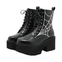 Botas Femininas Punk De Plataforma Com Salto Grosso, Em Couro PU, Com Bordado De Teia De Aranha E Botas Femininas Punk De Plataforma Com Salto Grosso, Em Couro PU, Com Bordado De Teia De Aranha E