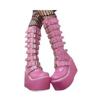 Botas Femininas Punk Góticas de Salto Alto com Plataforma e Fivela - Couro, Cano Longo