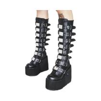 Botas Femininas Punk Góticas de Salto Alto com Plataforma e Fivela - Couro, Cano Longo