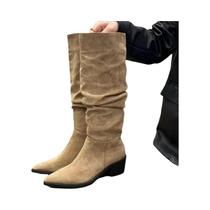 Botas Femininas Retrô De Couro Franzido Com Plataforma E Bico Fino Para Inverno Tamanhos 35-43 Botas Femininas Retrô De Couro Franzido Com Plataforma E Bico Fino Para Inverno Tamanhos 35-43