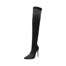Botas Femininas Sexy Acima do Joelho com Strass - Bico Fino e Salto Alto para Dança do Pólo