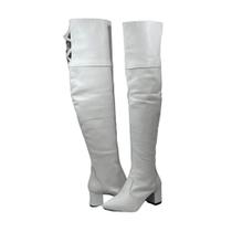 Botas Over The Knee Branca Couro Salto Grosso Lançamento