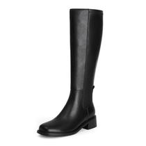Botas QIY de couro preto na altura do joelho, tamanho 6,5, salto baixo