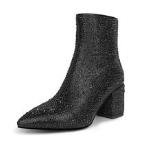 Botas wetkiss Rhinestone preta, tornozelo, salto baixo Botas wetkiss Rhinestone preta, tornozelo, salto baixo