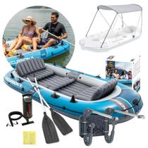 Bote Inflável Barco Excursion 5 Pessoas Azul com Capota Suporte Motor Remos e Bomba Intex
