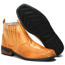Botina Bota Country Pião Couro Legitimo Estampa Cobra Croco Sola Costurada Borracha Natural
