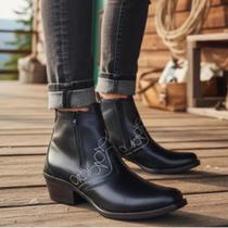 Botina Country Feminina Preta Couro Com Zíper Estilo Vaquejada Rodeio Solado Costurado 3536