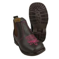 Botina Infantil Caminhos Da Roça Bico Quadrado Com Zíper Couro Café Com Bordado Rosa Ref. KI18