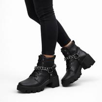 Botinha Black Coturno Feminino Preto Tratorado Corrente Luxo