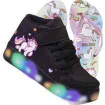 Botinha De Led Led Feminino Unicornio Meninas Estilo Barato Calce Facil + Chinelo