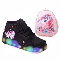 Botinha De Led Led Feminino Unicornio Meninas Estilo Barato Calce Facil + Mochila