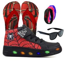 Botinha De Led Led Masculino Aranha Meninos Estilo Barato Calce Facil + Chinelo Oculos Relogio