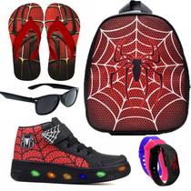 Botinha De Led Led Masculino Aranha Meninos Estilo Barato Calce Facil + Mochila Chinelo Oculos Relogio
