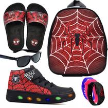 Botinha De Led Led Masculino Aranha Meninos Estilo Barato Calce Facil + Mochila Chinelo Pala e Oculos Relogio