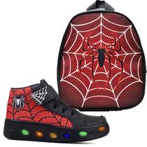 Botinha De Led Led Masculino Aranha Meninos Estilo Barato Calce Facil + Mochila