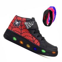 Botinha De Led Led Masculino Aranha Meninos Estilo Barato Calce Facil + Relogio