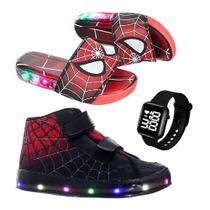 Botinha Infantil Aranha Com Luz Brilhante + Kit Chinelo Luz de Led e Relógio digital