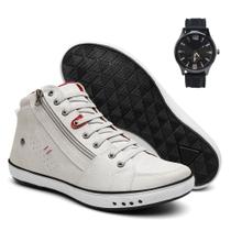 Botinha Masculina Casual Sapatenis Cano Médio Couro com Elástico e Zíper Brinde Relogio