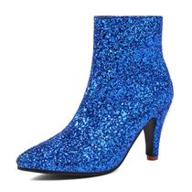 Botinhas MEOTINA Kitten Heel Boots Blue Sparkly Women Botinhas MEOTINA Kitten Heel Boots Blue Sparkly Women