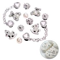 Botton Charm Pingente Babuche Papete Strass Luxo Ursinho Prata Kit 12