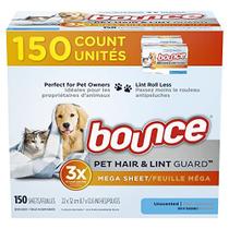 Bounce Pet Hair and Lint Guard Mega Fabric Softener Dryer Sheets with 3X Pet Hair Fighters, Unscented, 150 Count (o pacote pode variar)