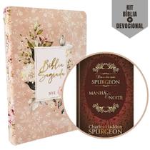 Box 2 Unidades - Bíblia Sagrada Feminina Capa Rosa Flores NVI + Livro De Meditações Diárias Com Charles Spurgeon