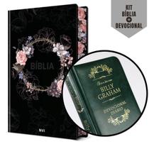 Box 2 Unidades Sendo: 1 Bíblia Sagrada Capa Preta NVI Florido + Devocional 366 Dias De Meditações Com Billy Graham - Pão Diário
