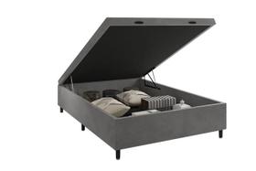 Box Bau casal com pistão e alça suede cinza 138cm