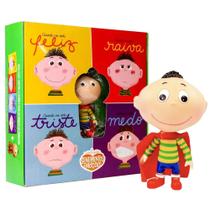 Box Coleção Sentimentos E Emoções Com Boneco Brinquedo - 4 Livros Feliz Triste Raiva Medo - 30 X 30 Cm