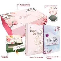 Box Mulher Virtuosa + Bíblia Diz NAA Letra Grande Feminina + Caderno Anotações Aquarela