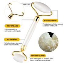 Box Premium Rolo Massageador Facial Galvanizado Pedra Natural Jade Branca Box Premium Rolo Massageador Facial Galvanizado Pedra Natural Jade Branca