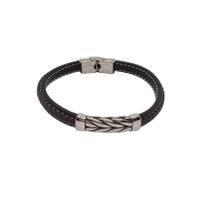 Bracelete 20cm Couro Preto E Placa Trançada Couro E Aço Bracelete 20cm Couro Preto E Placa Trançada Couro E Aço