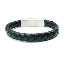 Bracelete 20Cm Couro Preto Fecho Steel Click 10Mm