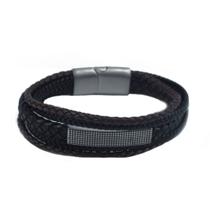 Bracelete 20cm Couro Tiras Trançadas Preto/marrom E Placa