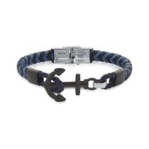 Bracelete 20cm Couro Trançado Preto E Azul Detalhe Âncora Bracelete 20cm Couro Trançado Preto E Azul Detalhe Âncora