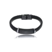 Bracelete 21cm Couro Trançado Preto Com Placa Black Rosso