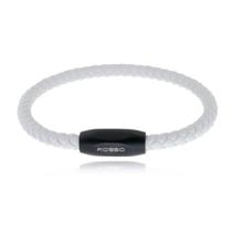 Bracelete Aço 20Cm Couro Branco 5Mm Trançado Fecho Black