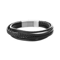 Bracelete aço 20cm couro preto centro trançado com 2 fio liso e 2 reto trabalhado