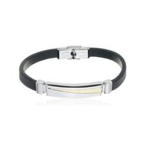 Bracelete Aço 20Cm Couro Preto Trabalhado Com Placa 10X36Mm Bracelete Aço 20Cm Couro Preto Trabalhado Com Placa 10X36Mm