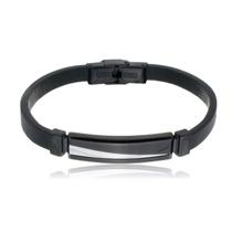 Bracelete Aço 20Cm Couro Preto Trabalhado Com Placa 10X36Mm