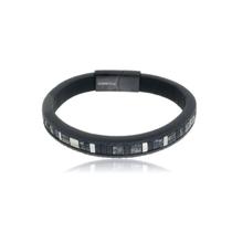 Bracelete Aço 21Cm Couro Preto Preto Centro Com Madreperola