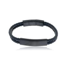 Bracelete Aço 21Cm Couro Trançado Duplo ul Placa 10X37Mm