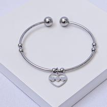 Bracelete Aço Inox Prateado Ajustável com Pingente Coração